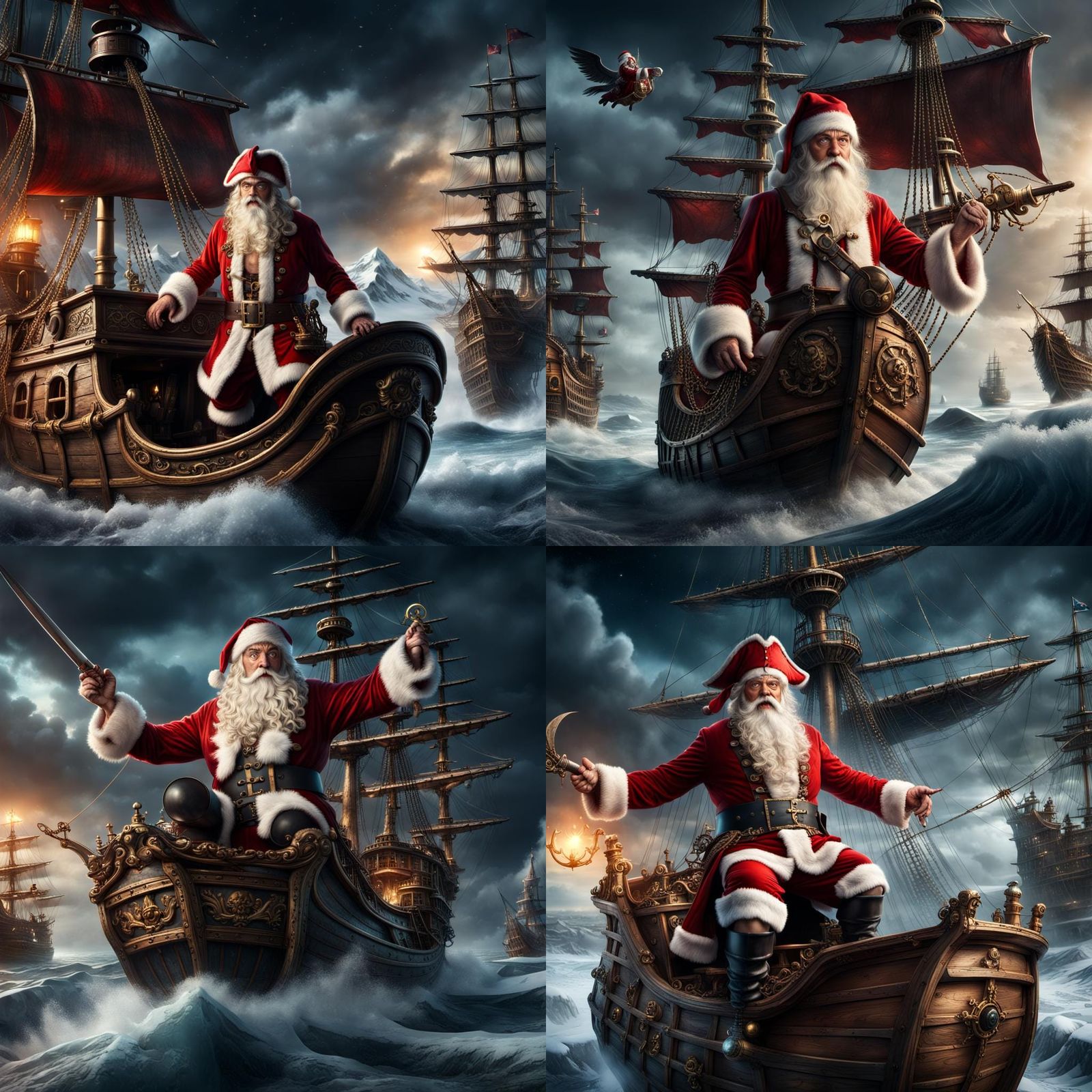 Pirate Santa Claus with Flying Ship Sleigh