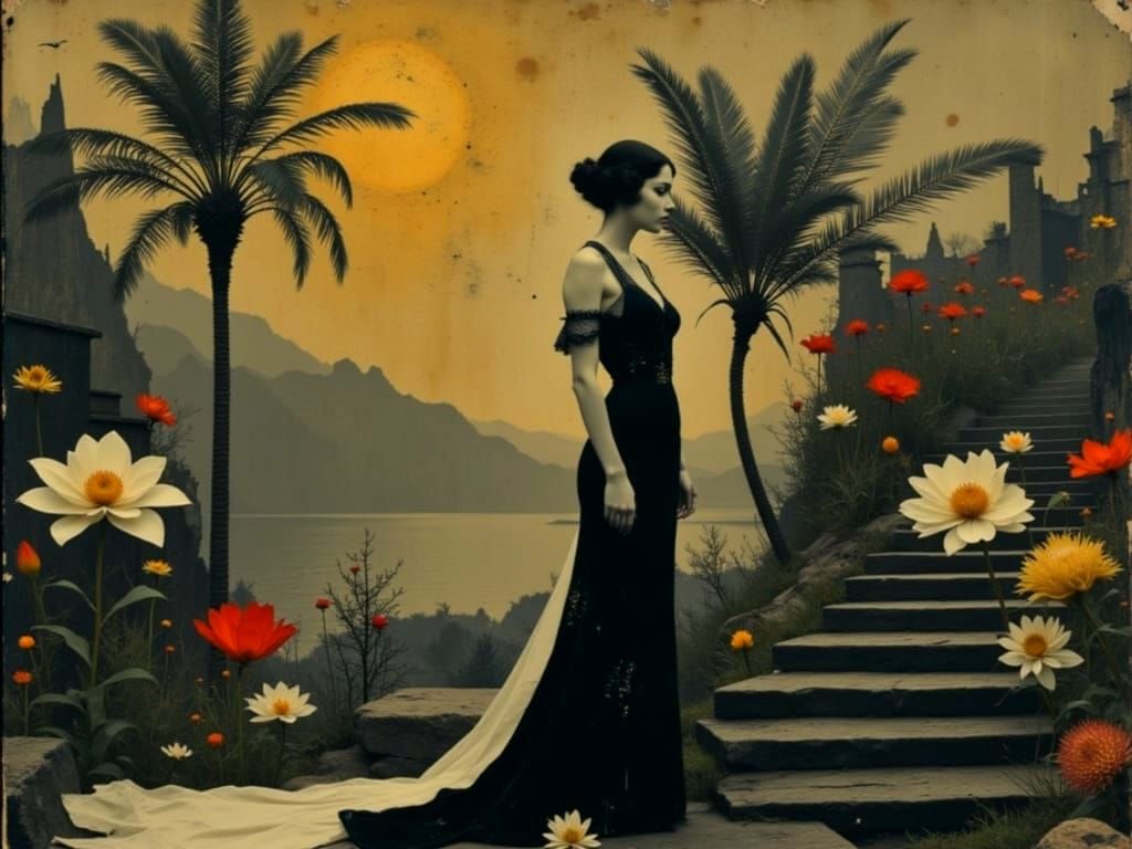 1940s Singer in Art Deco Garden Impasto Painting