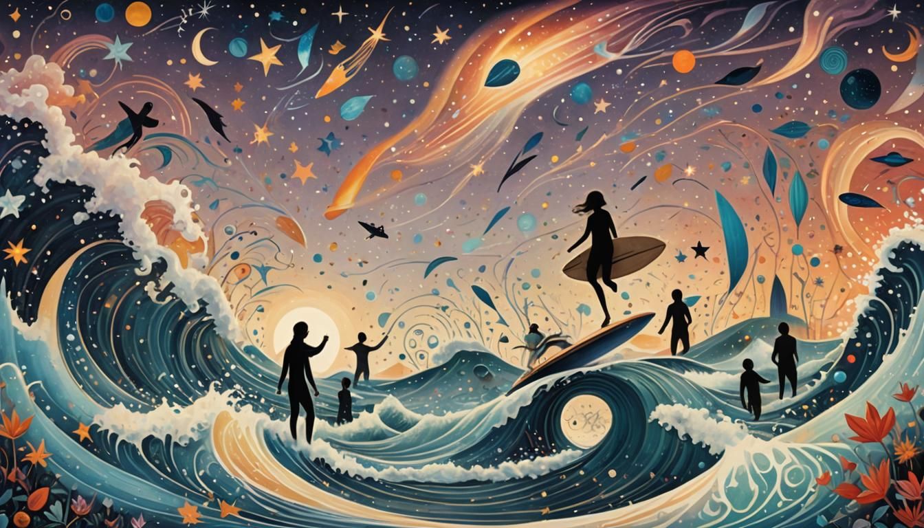 Cosmic Surfer Sunset: Celestial Objects in Harmony