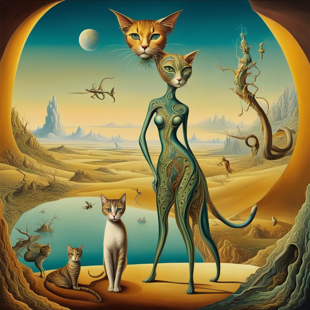 Surreal Woman and Alien Cat in Dali Style