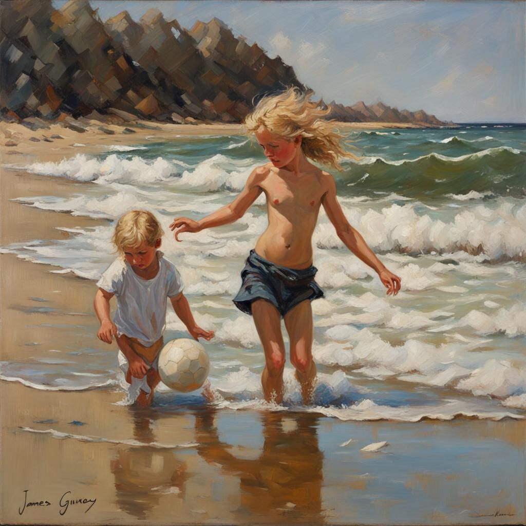 Child with Blonde Curls Plays in Sea, Oil Painting