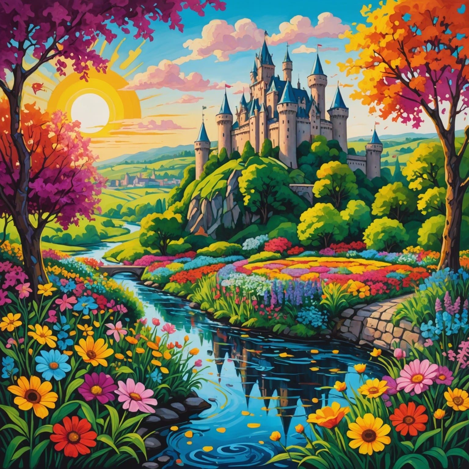Colorful Garden with Castle in Graffiti Art Style