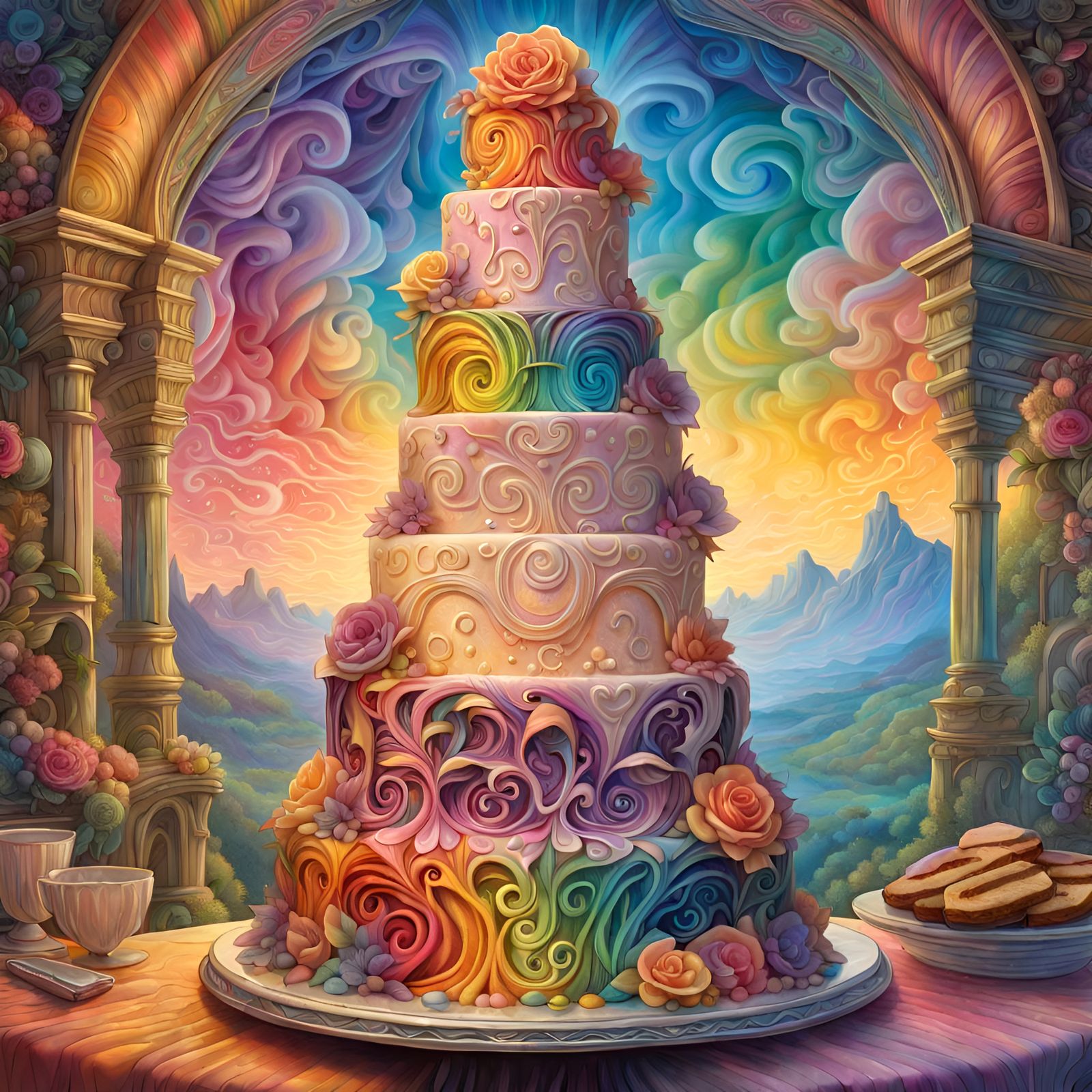 Ornate Rainbow Wedding Cake, Digital Art