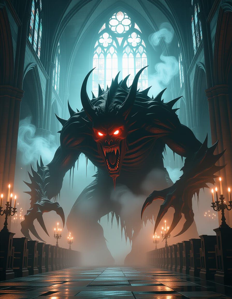Terrifying Monster in Dark Gothic Cathedral