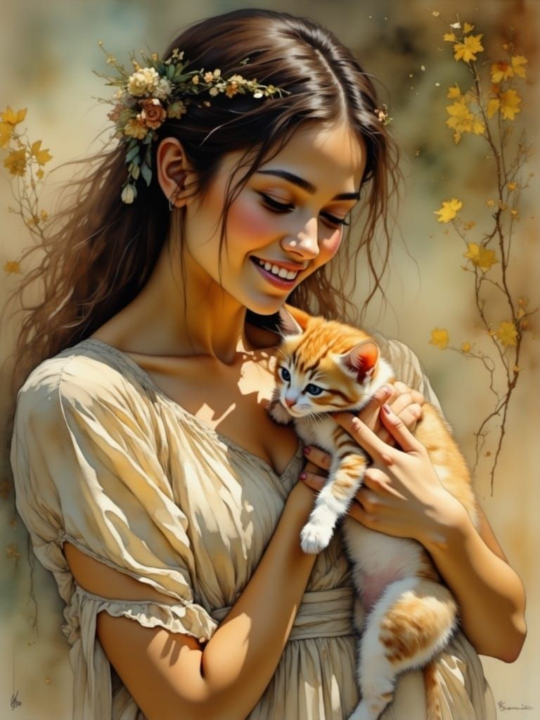 Dreamy Woman and Kitten in Whimsical Embrace