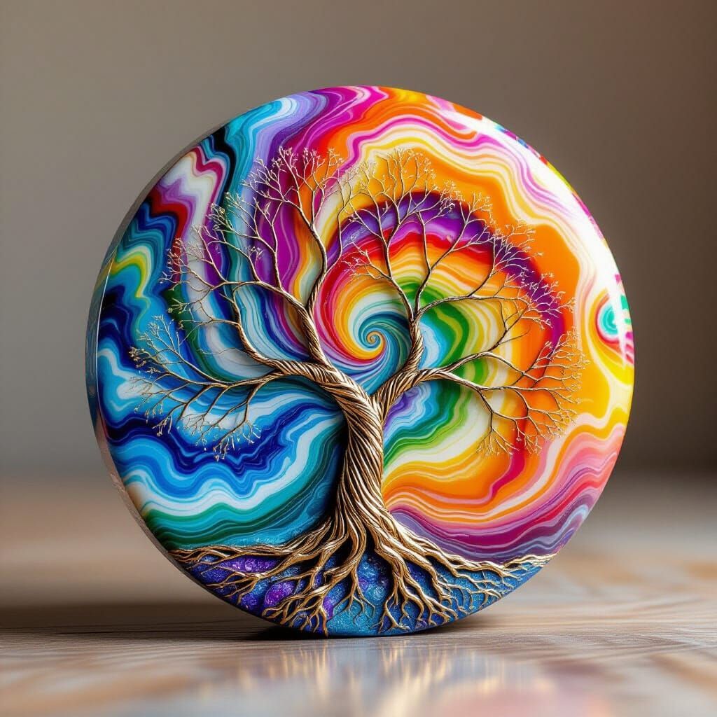 Vibrant Rainbow Swirl Tree Resin Art