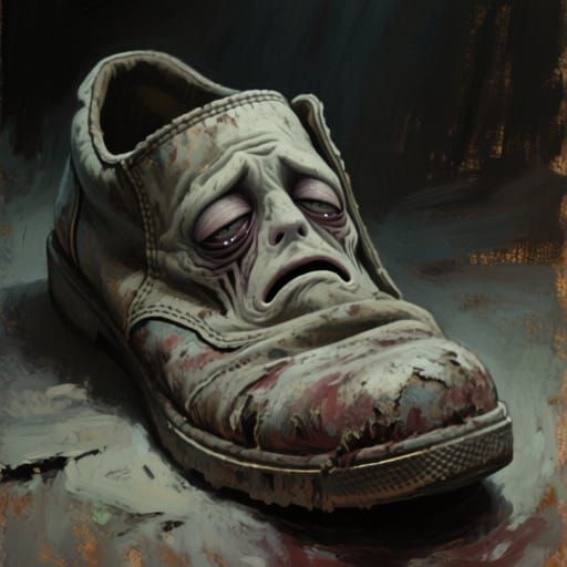 Worn Shoe With Sad Eyes in Dramatic Matte Painting Style