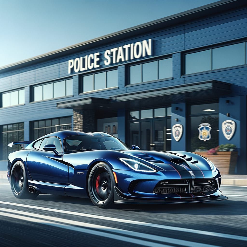 Sleek Navy Blue Dodge-Inspired Sports Car Speeds Past Modern...