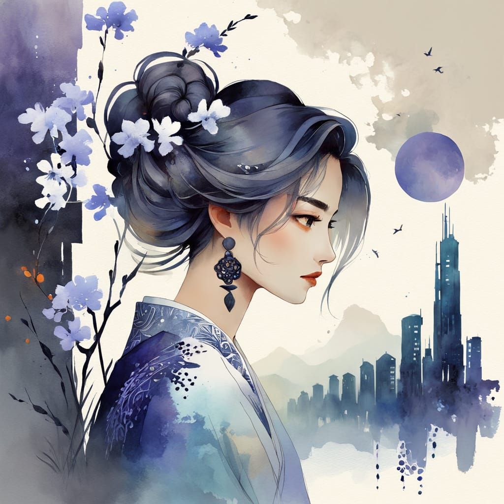 Woman With Architectural Hair In Watercolor Style