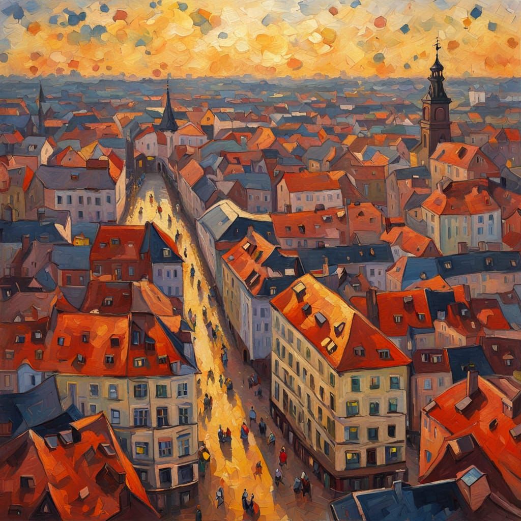 Leipzig Cityscape in Golden Hour - Expressionist Oil Paintin...