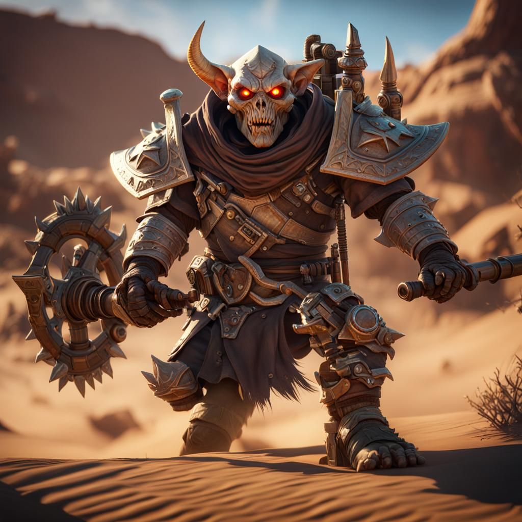 Desert Goblin Hunter in Bone Armor, 3D Render