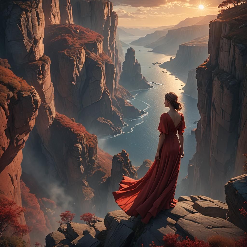 Woman in Red Dress at Cliff Edge