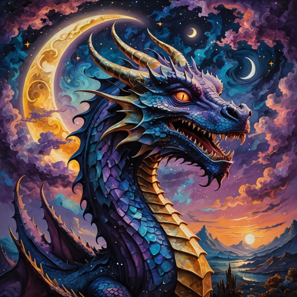 Dragon in Starry Night: Surreal Impressionistic Art