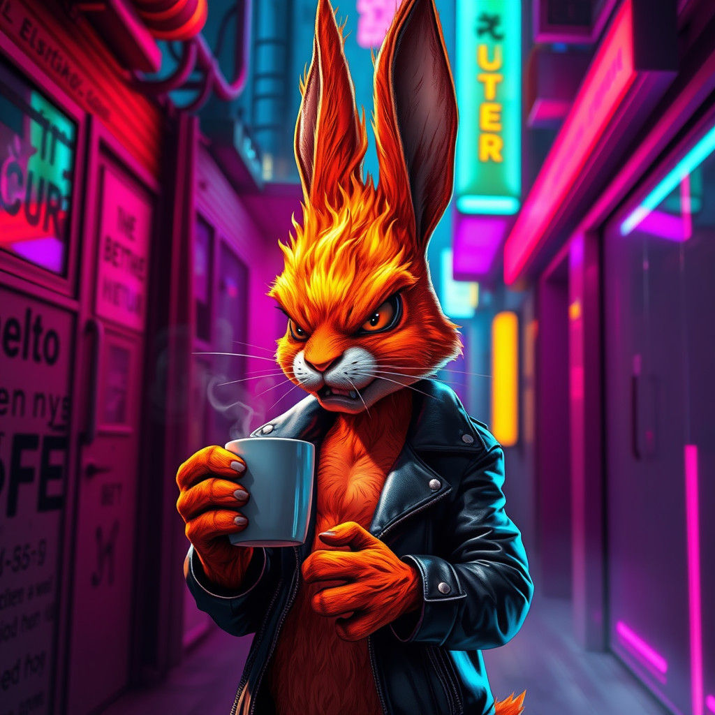 Cyberpunk Fire Rabbit with Coffee Says Hello