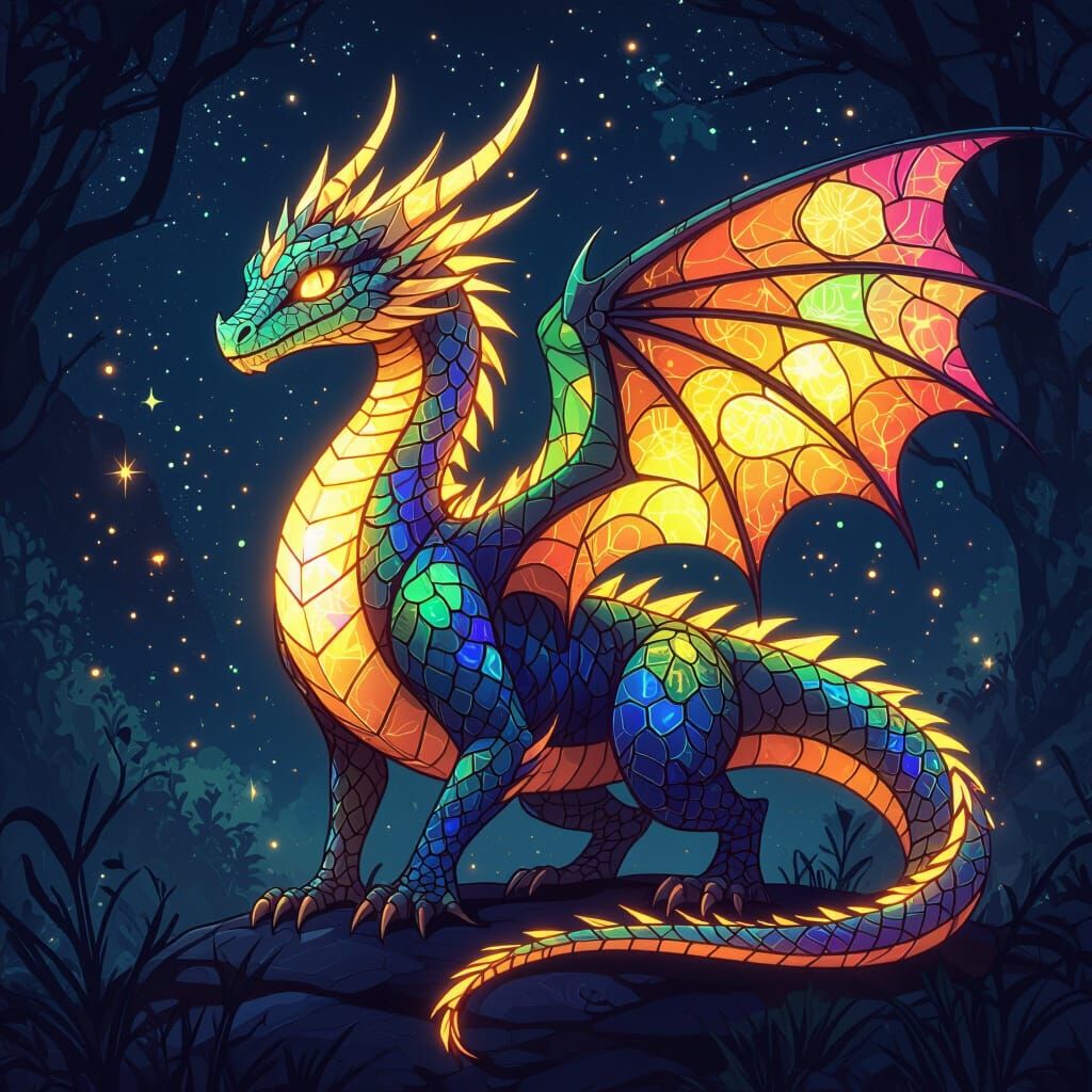 Bioluminescent Dragon with Stained Glass Scales