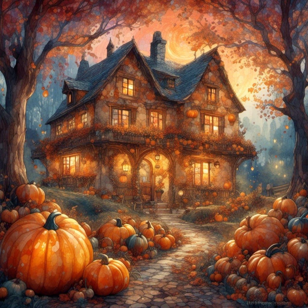 Transparent Pumpkin Reveals Autumn Scene, Watercolor Style