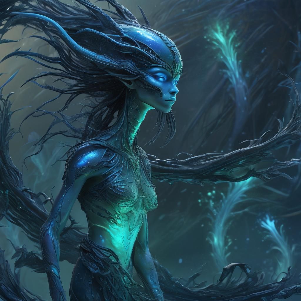 Bioluminescent Alien in Crystalline Mist: Digital Illustrati...