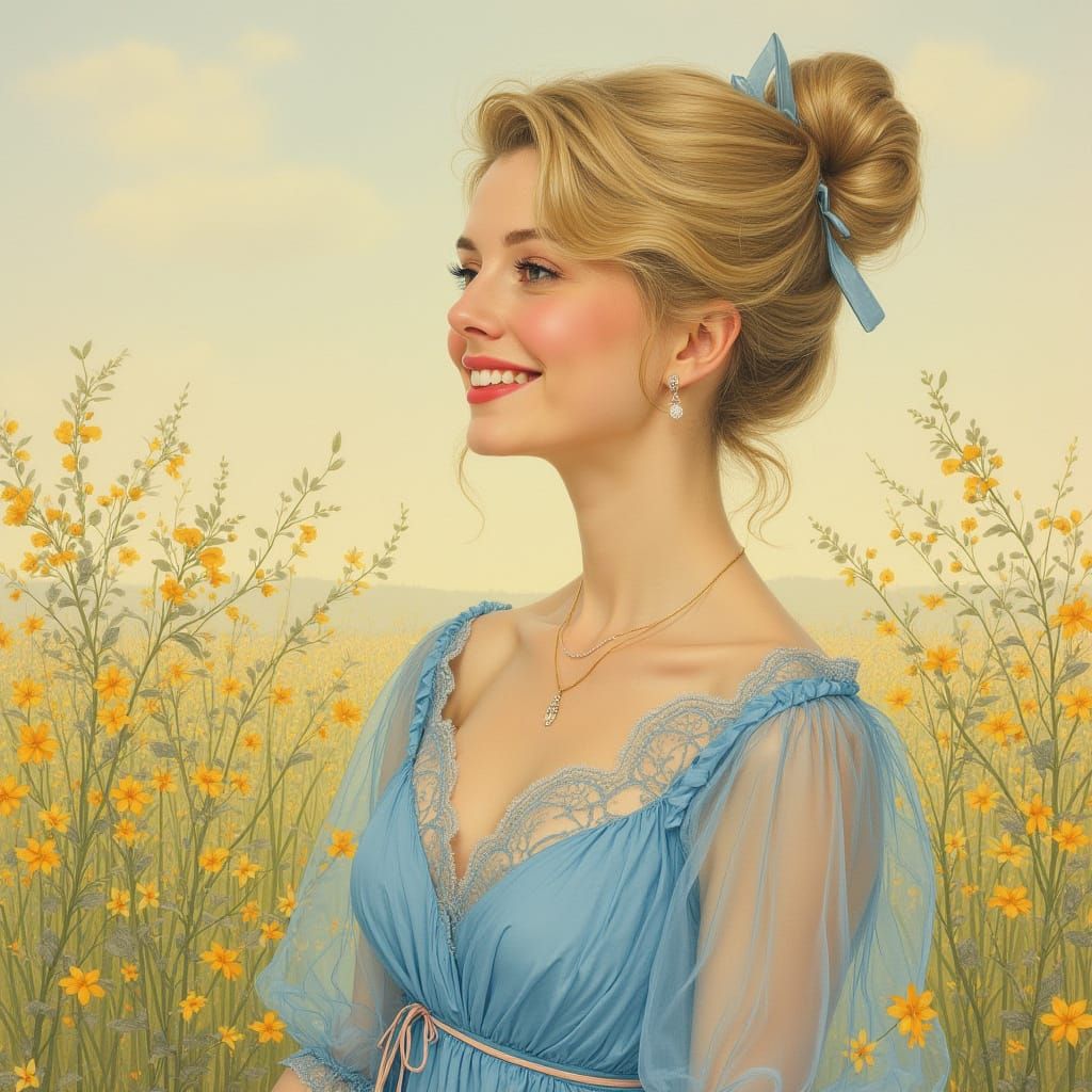 Smiling Blonde Woman in Spring Meadow, Art Nouveau Style