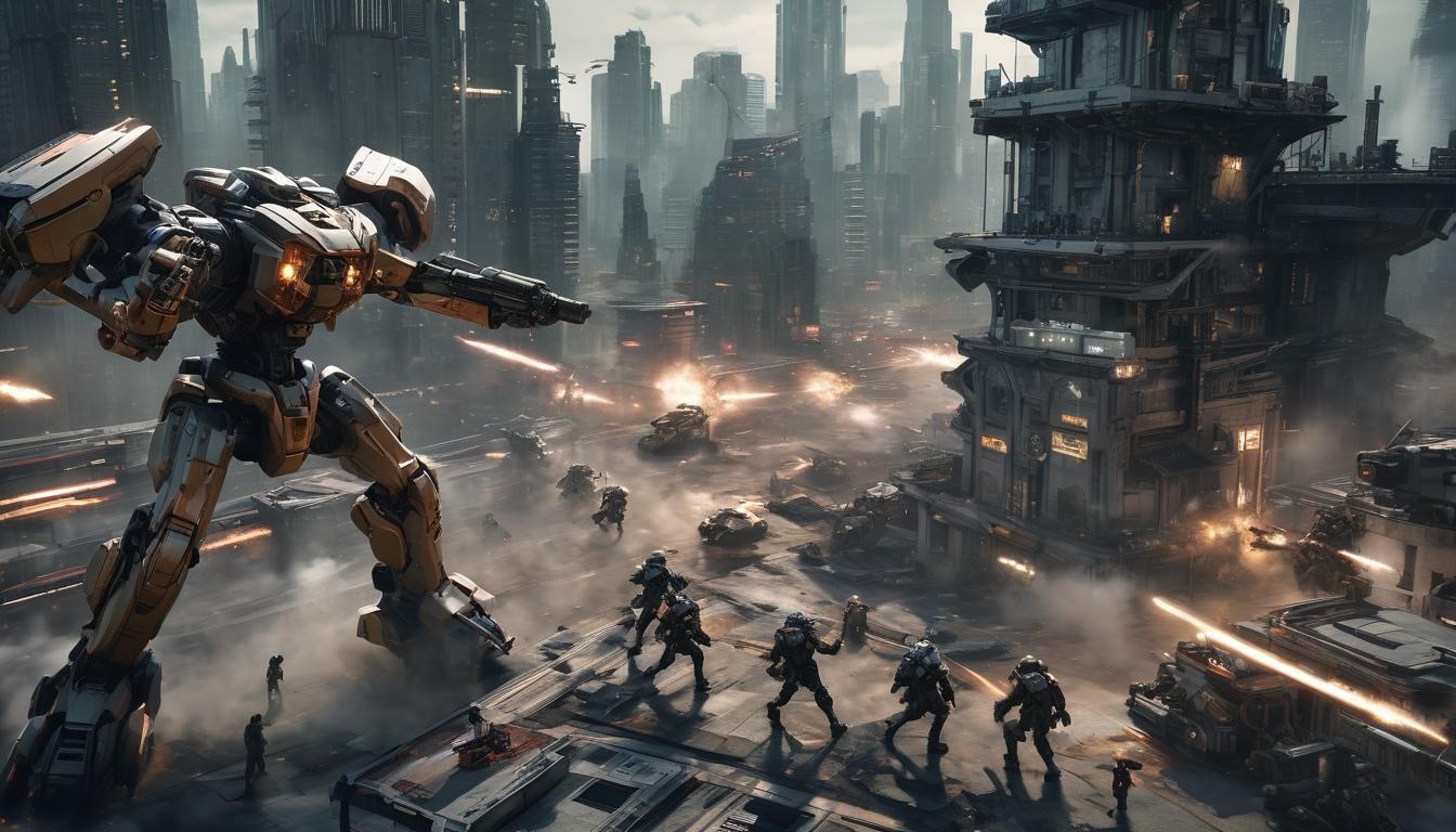 Mechs in Cyberpunk Cityscape: Dynamic Action Scene