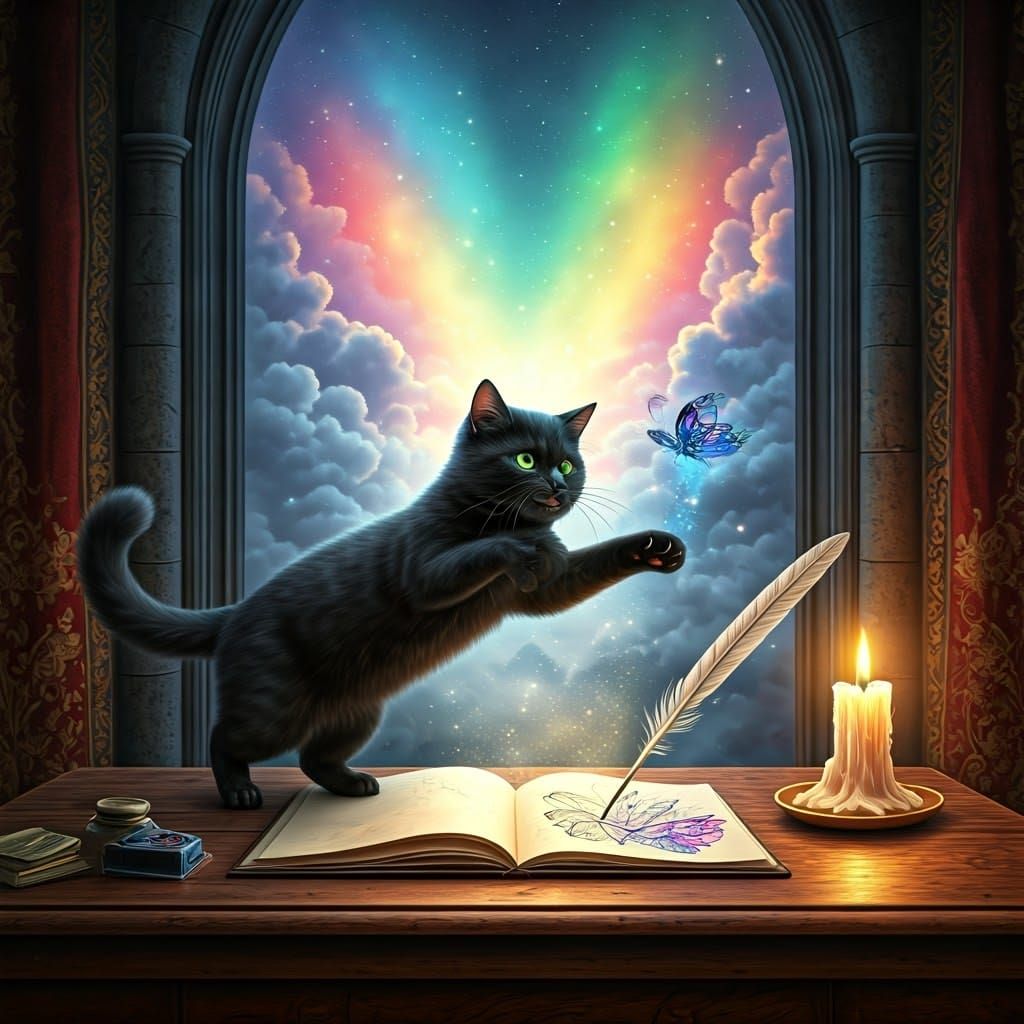 Sleek Black Cat Chases Colorful Butterfly in Whimsical Fanta...