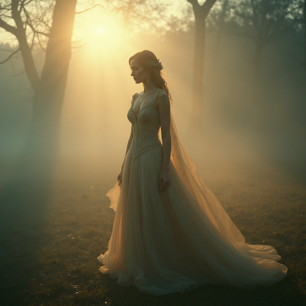 Elegant Maiden in Mist: Cinematic Still