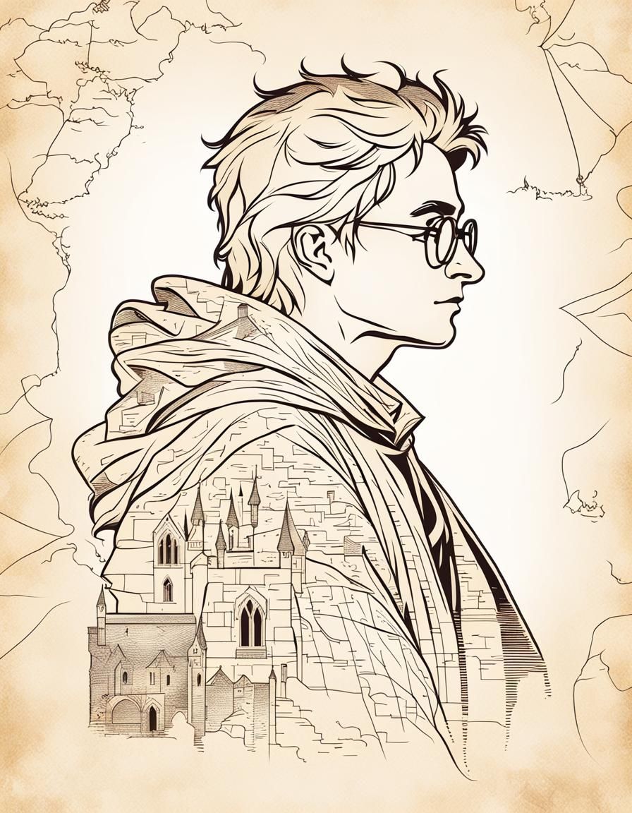 Harry Potter Silhouette Line Art with Marauder's Map