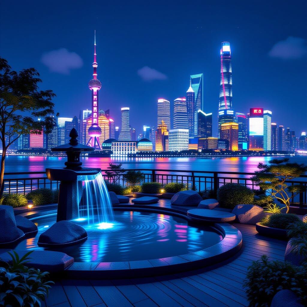 Rooftop Japanese Garden Overlooking Neon Shanghai