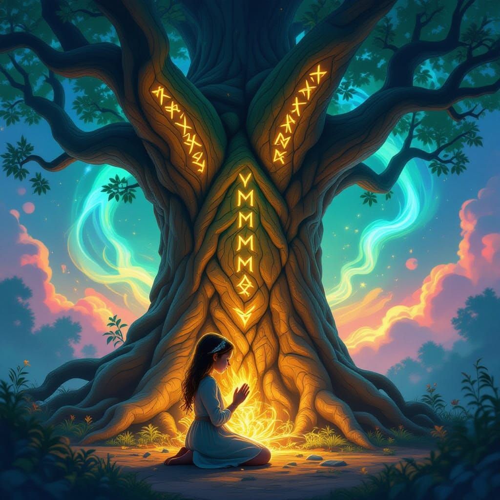 Magical Ancient Tree with Girl, Hyperrealistic Splash Art