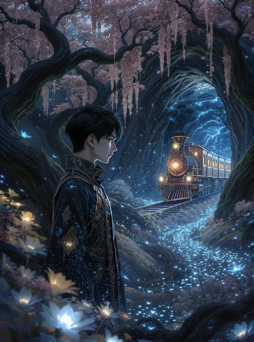 Handsome Man Amidst Mystical Glowing Flowers in Dark Botanic...