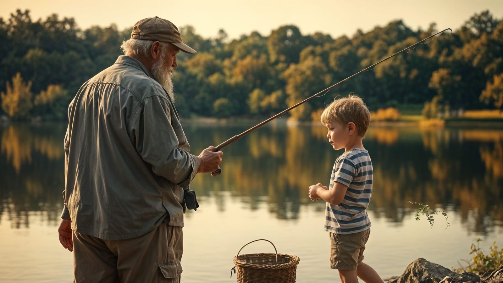Heartwarming Scene: Grandparent Teaches Child to Fish