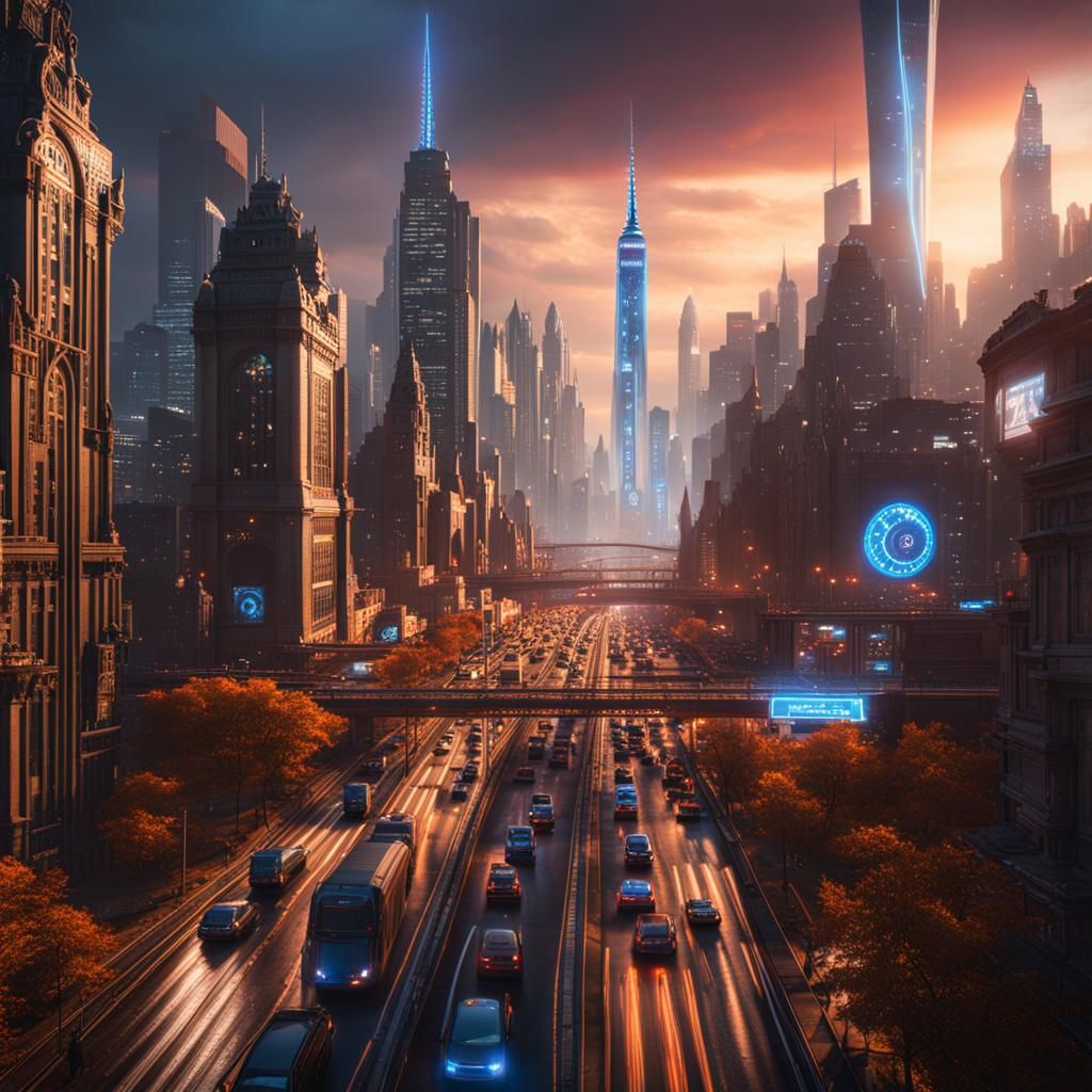 Futuristic New York City Rush Hour, Detailed Matte Painting