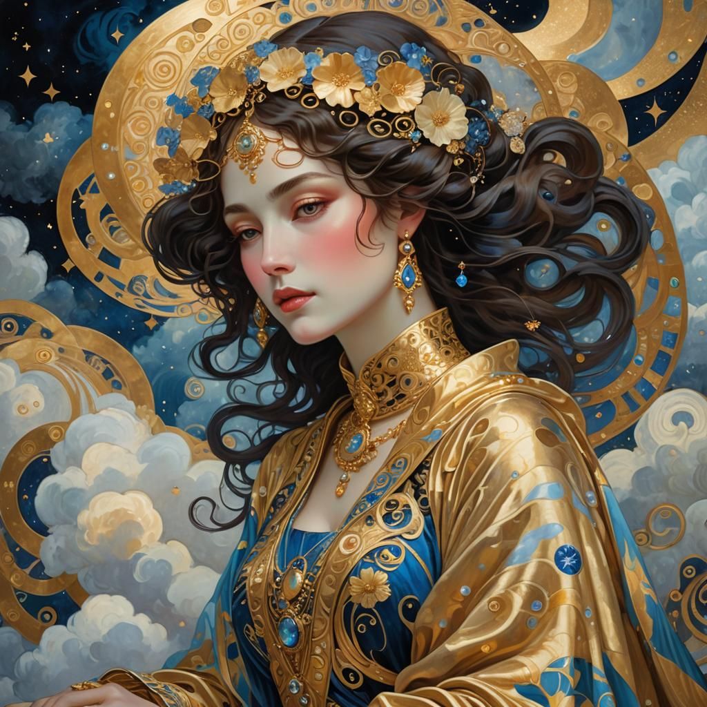 Mysterious Woman in Klimt Style with Zaffre Clouds