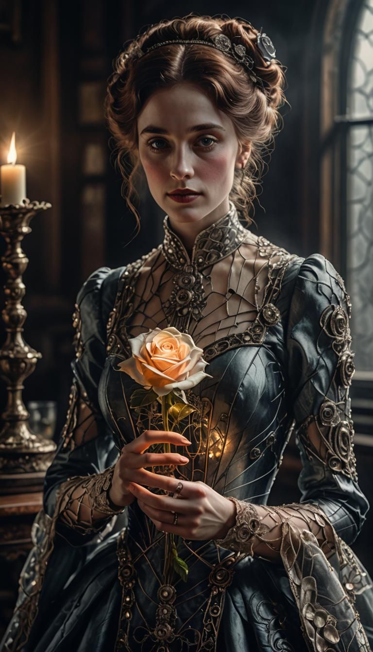 Edwardian Woman with Cybernetic Fingers and Glass Rose