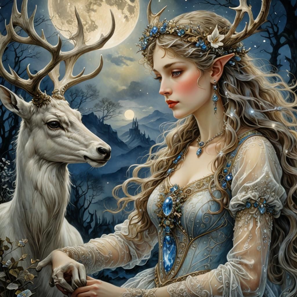 Woman and Stag in Moonlight, 3D Render