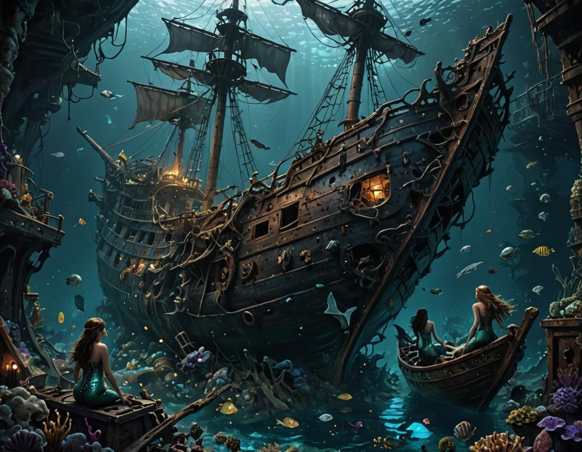Mermaids exploring an old sunken ship