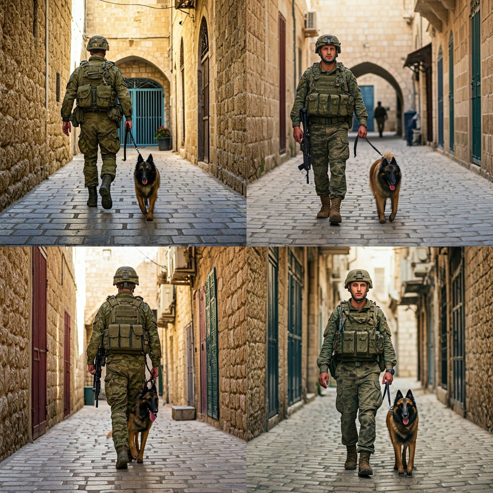 Combat Soldier Walks Kasbah Streets with Belgian Shepherd