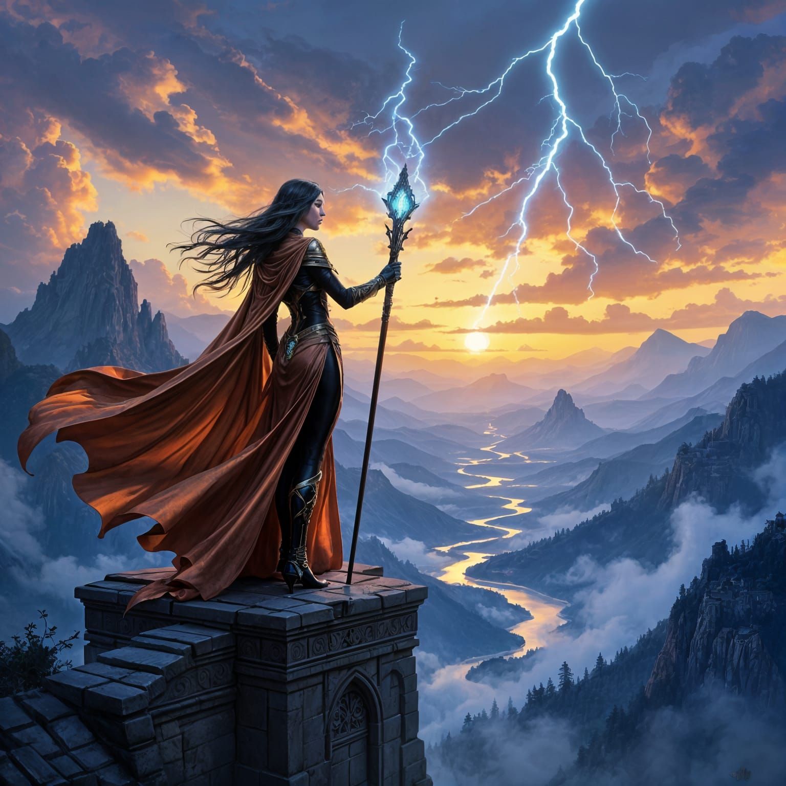 Half-Elf Sorceress Overlooks Mountainous Landscape
