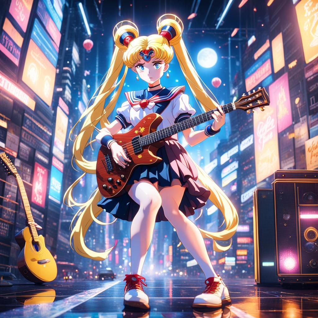 Sailor Moon wearing (casual clothes) playing guitar