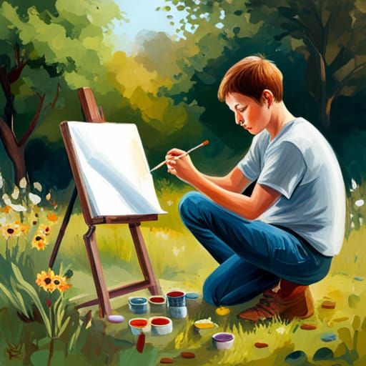 Young Man Painting in Garden: Ultra Realistic Photo