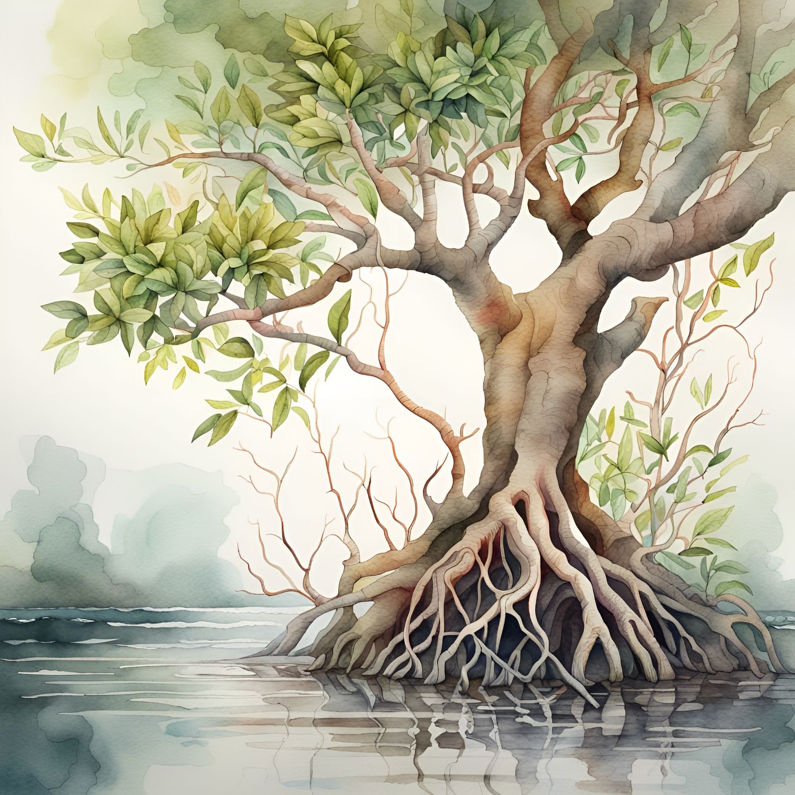 Detailed Mangrove Tree in Watercolor