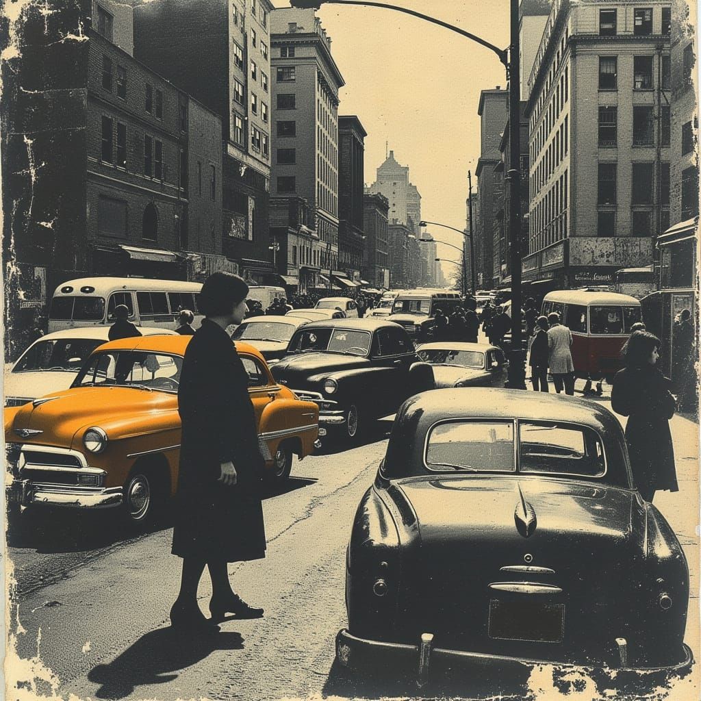 1950s City Street Scene in Vintage Photo Style
