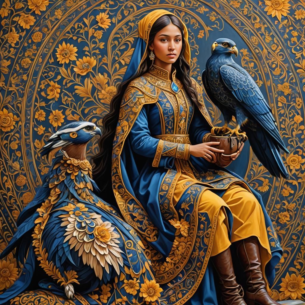 Bashkir Girl with Falcon: Whimsical Folk Art
