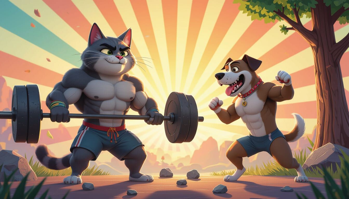 Muscular Cat Lifts Weights, 3D Digital Art