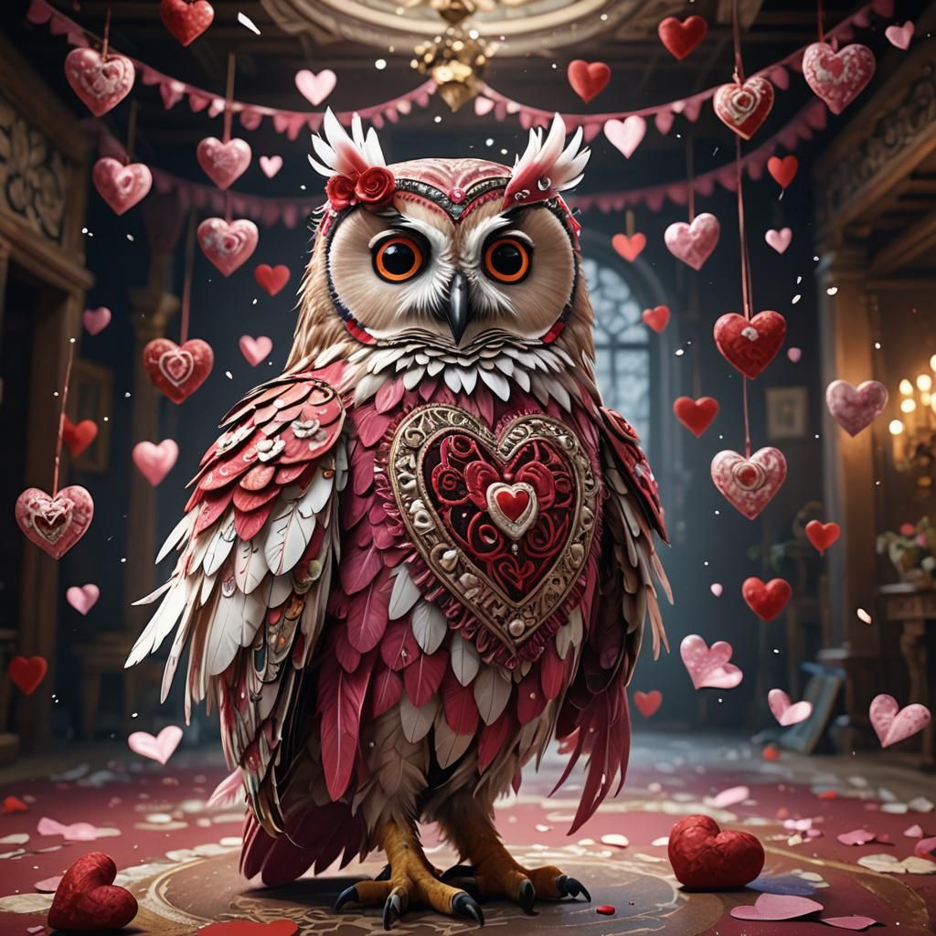 Charming Owl in Dress Holding Heart, Digital Art