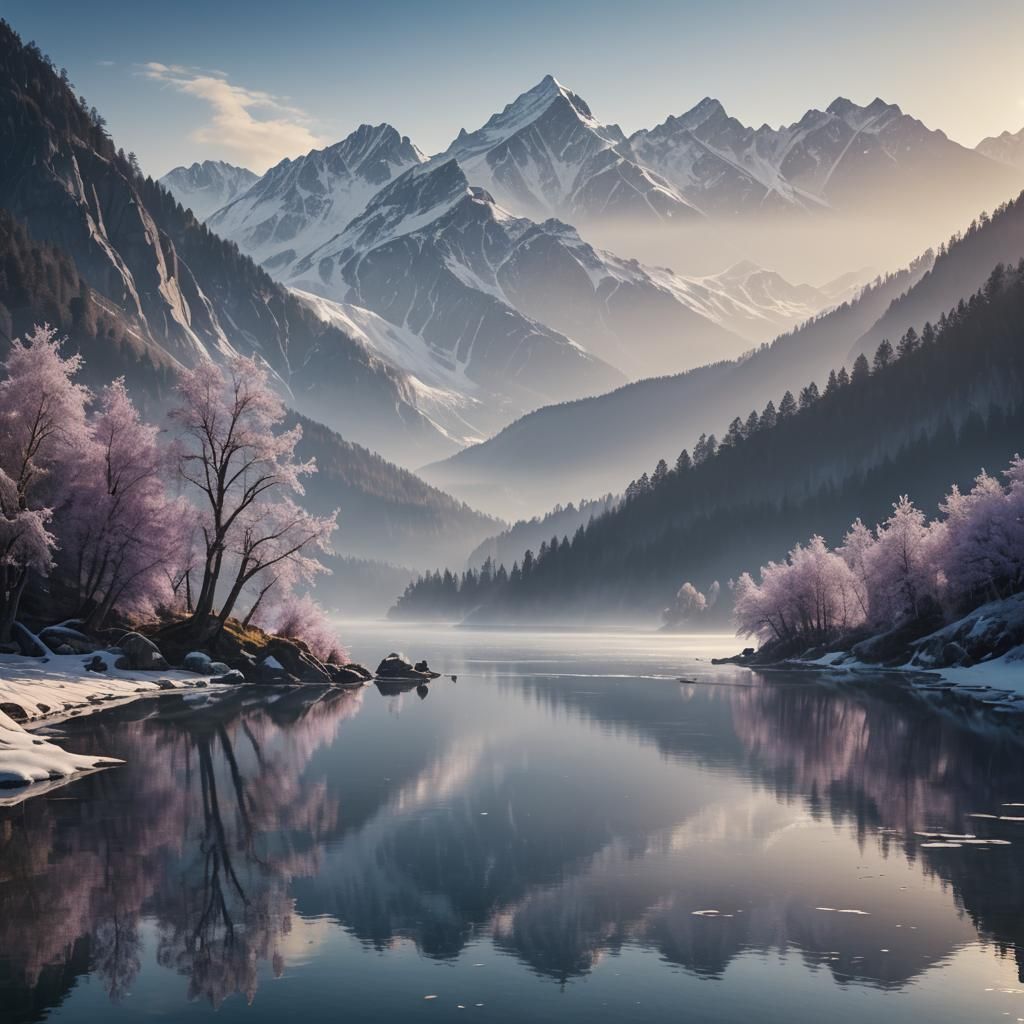 Winter Lake: Serene Alpine Scene in Matte Painting Style
