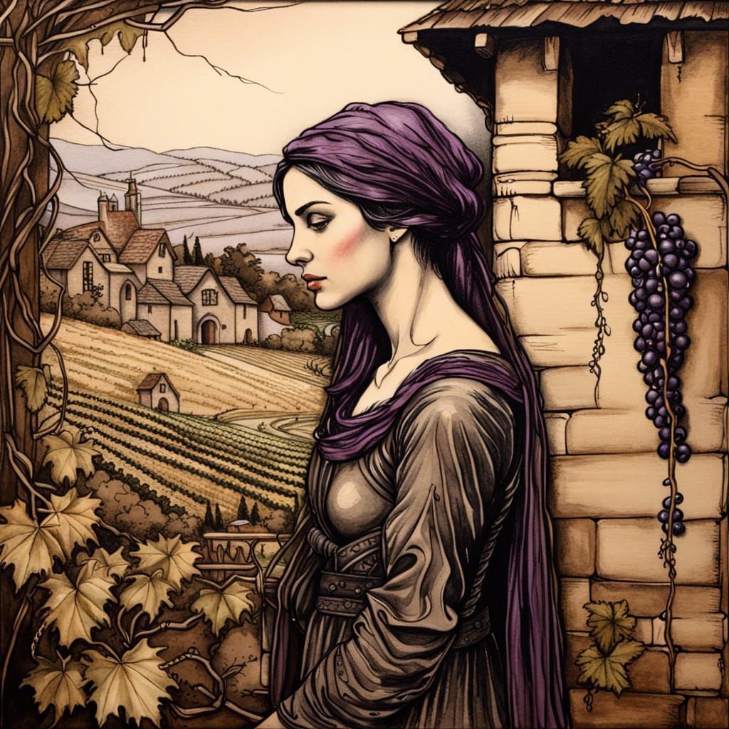 Medieval Woman in Village, Pre-Raphaelite Style