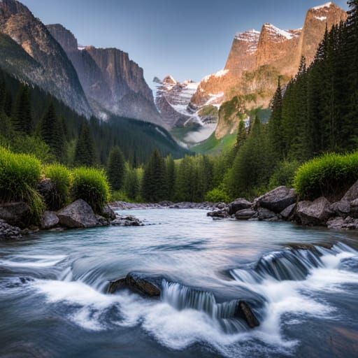 Majestic Waterfall Flowing Through Mountain Landscape