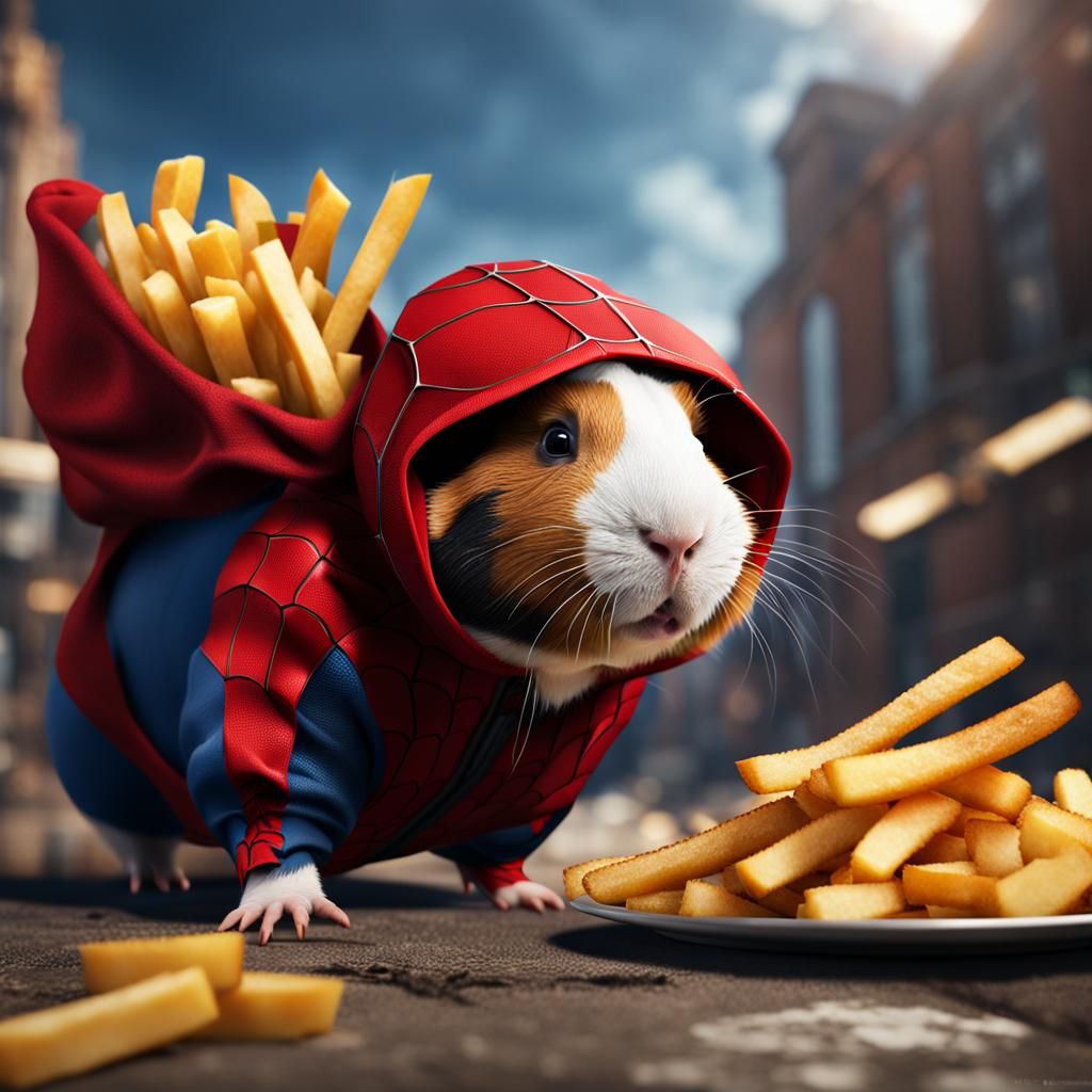 Guinea Pig Spiderman Soaring with Fries