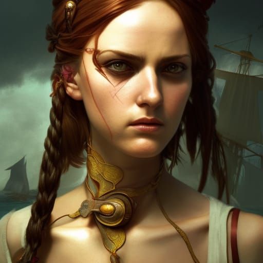 Female Pirate in 19th Century Harbor, Photorealistic 8K