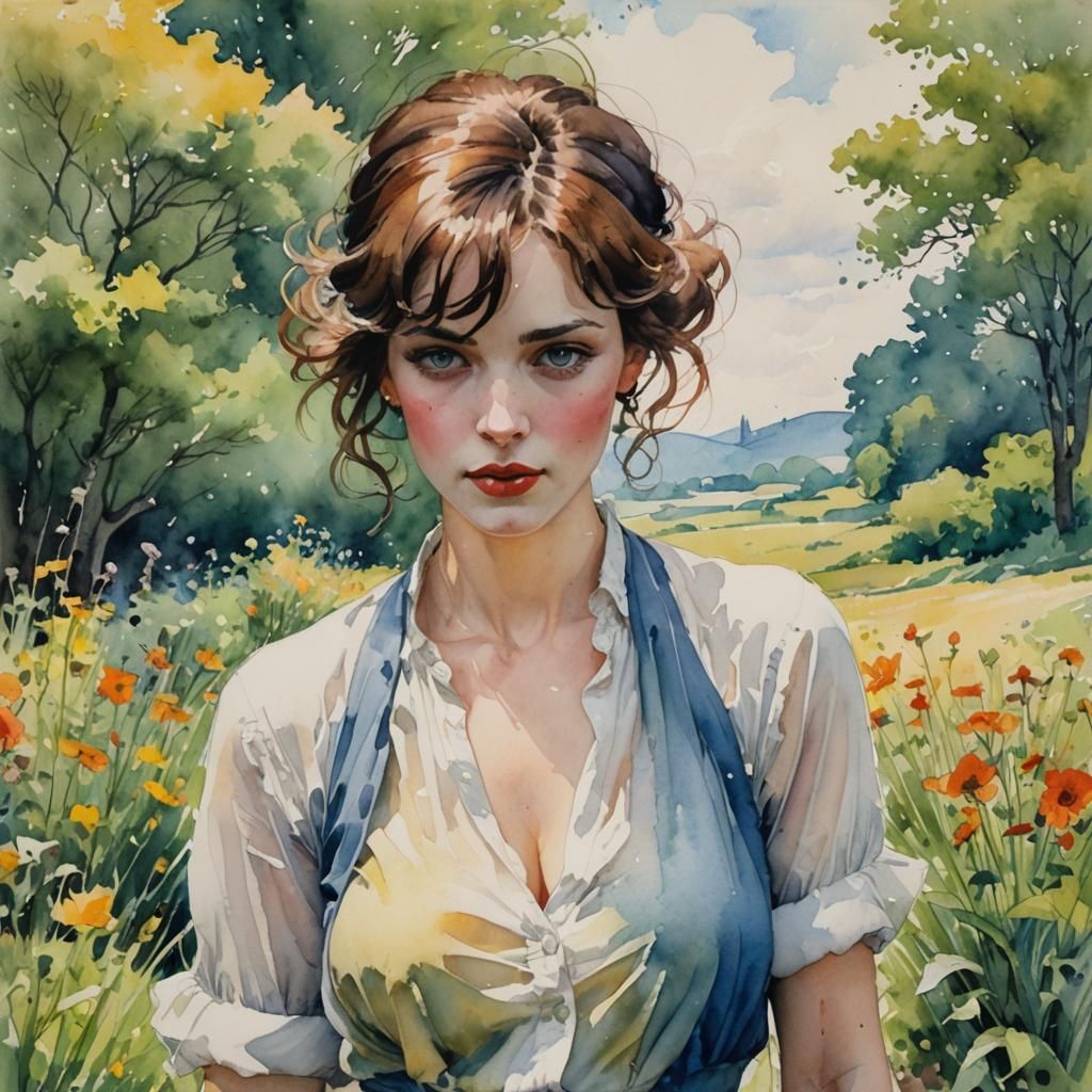 Hyperrealistic Watercolor Portrait with Expressionist Landsc...